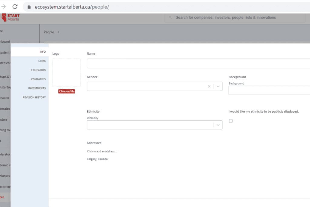 Complete your personal profile on the Start Alberta database 